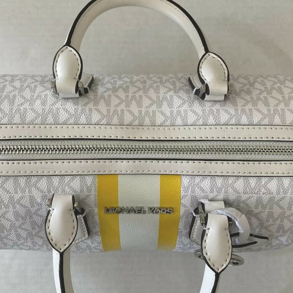 New Michael Kors Bedford Small Duffle Satchel Bright White with Yellow Stripe - Picture 4 of 6